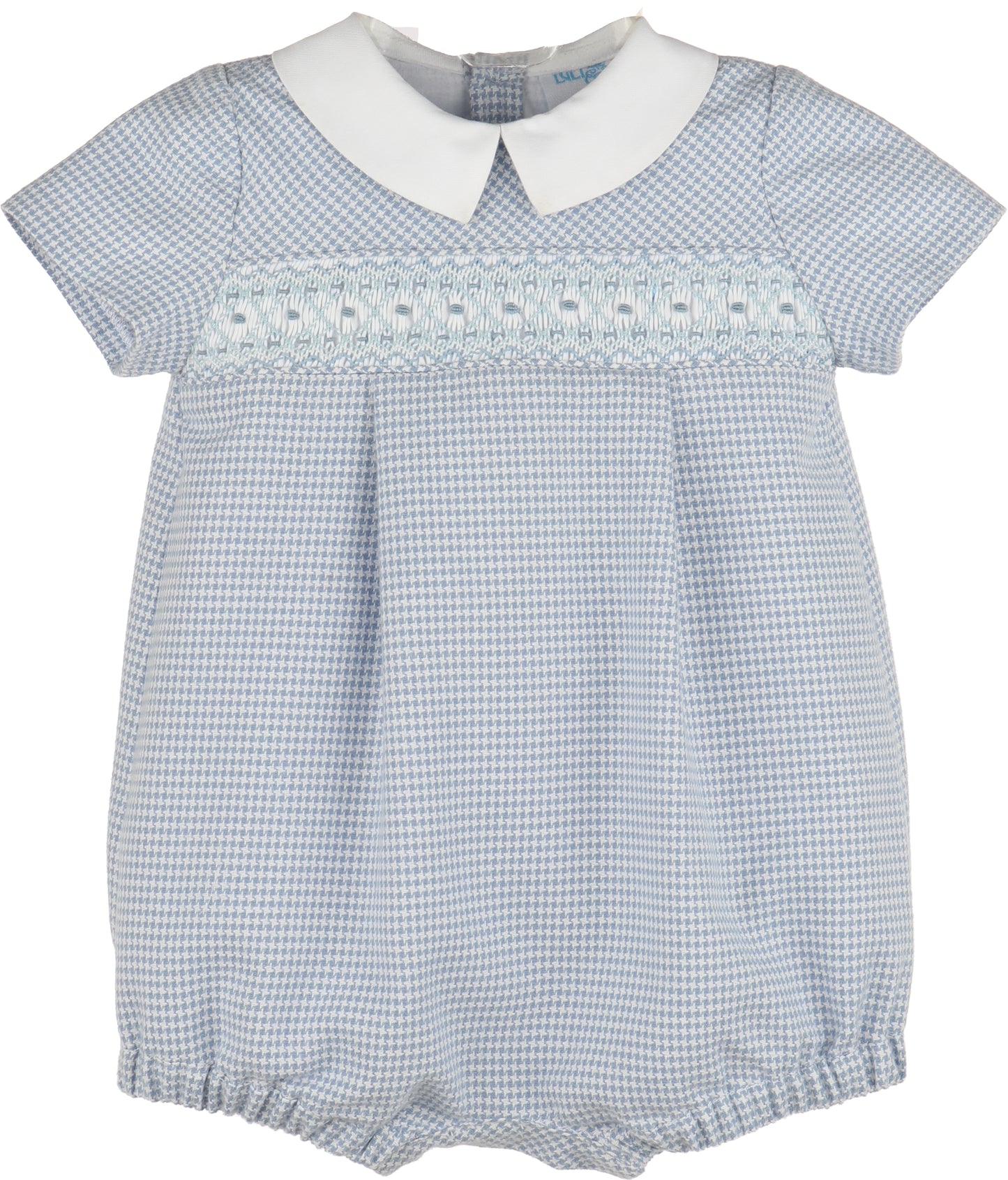 Blue checkered baby romper with white collar on a white background