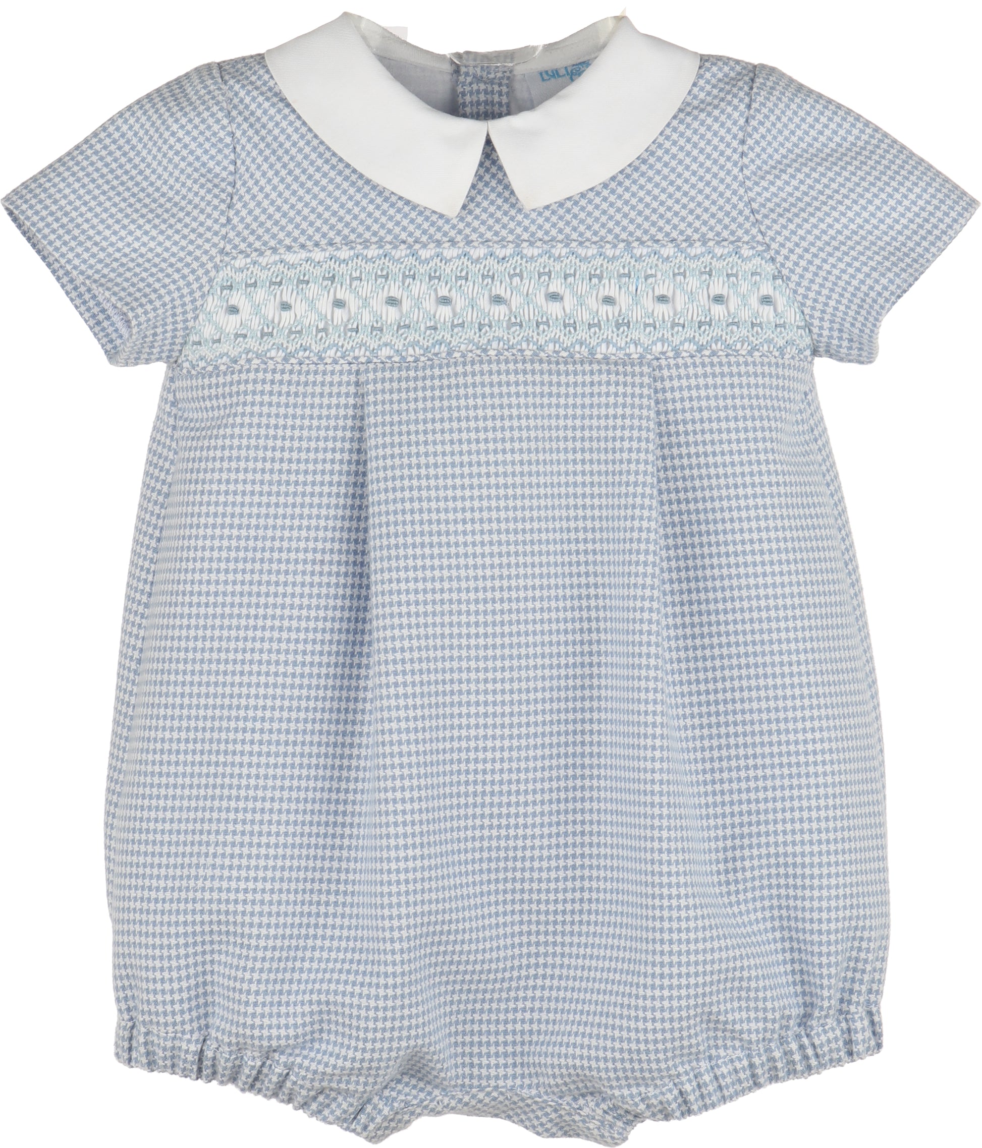 Blue checkered baby romper with white collar on a white background