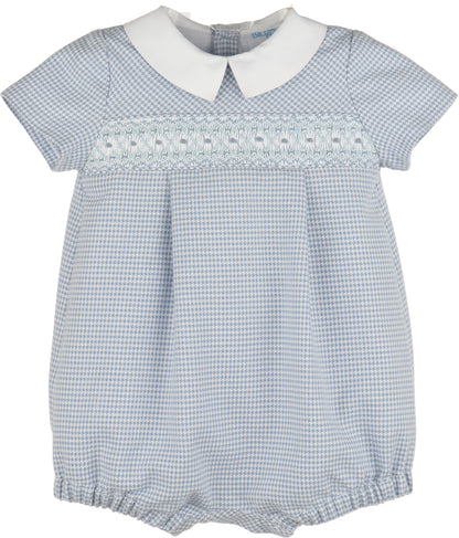 Blue checkered baby romper with white collar on a white background