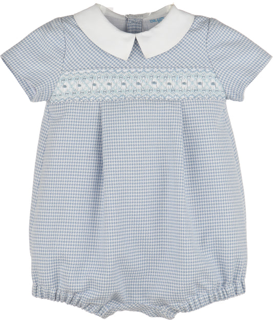 Blue checkered baby romper with white collar on a white background