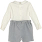 White shirt with long sleeves and gray shorts on a white background