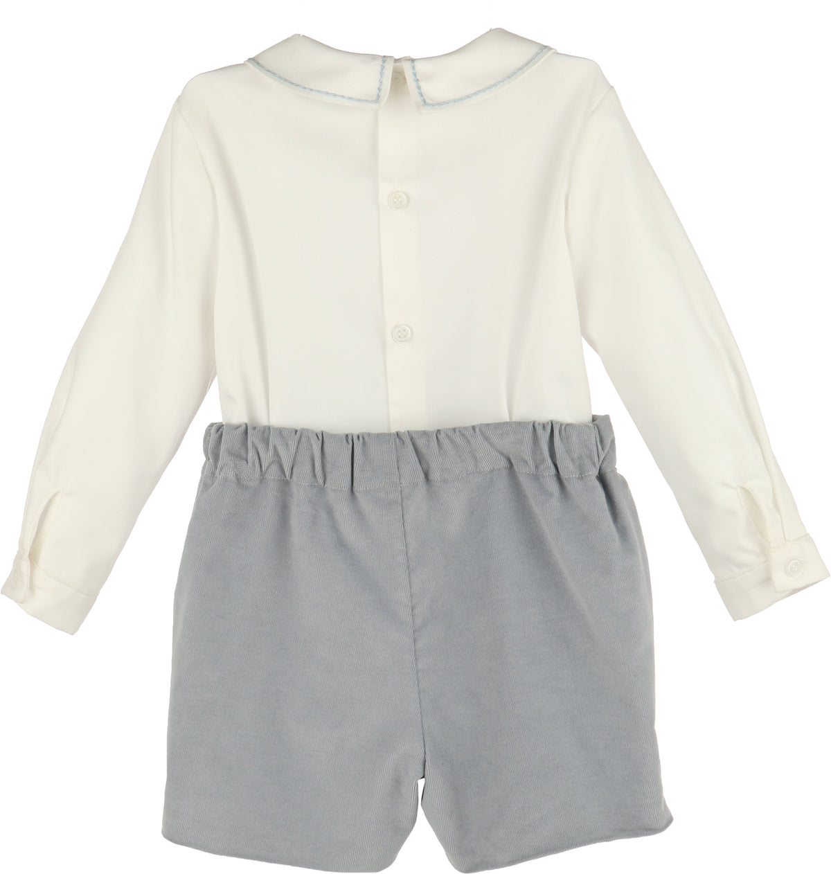 White shirt with long sleeves and gray shorts on a white background