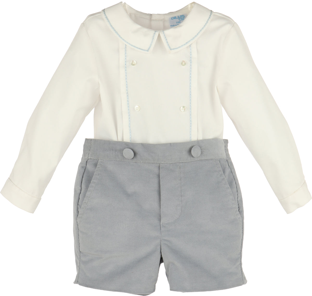 Baby outfit with white long-sleeve shirt and gray shorts on a white background