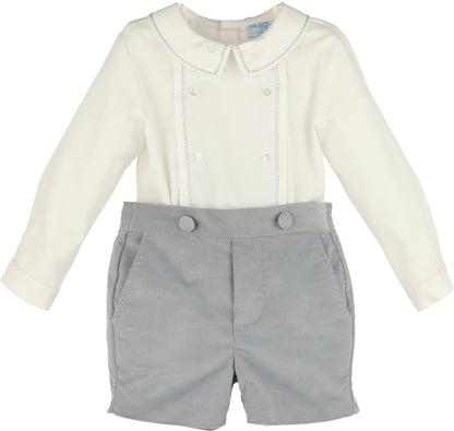 Baby outfit with white long-sleeve shirt and gray shorts on a white background
