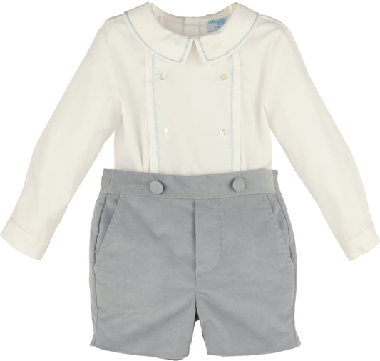 Baby outfit with white long-sleeve shirt and gray shorts on a white background