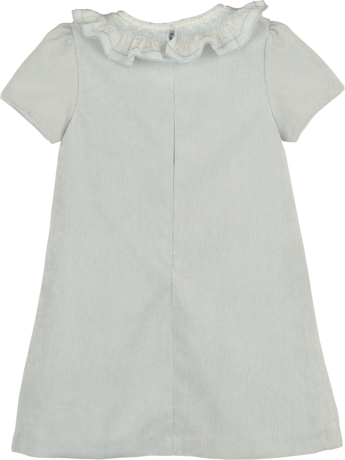 Light blue dress with ruffled collar on a white background