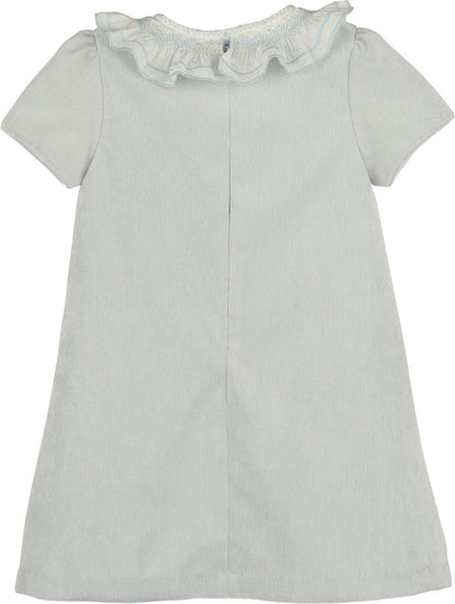 Light blue dress with ruffled collar on a white background