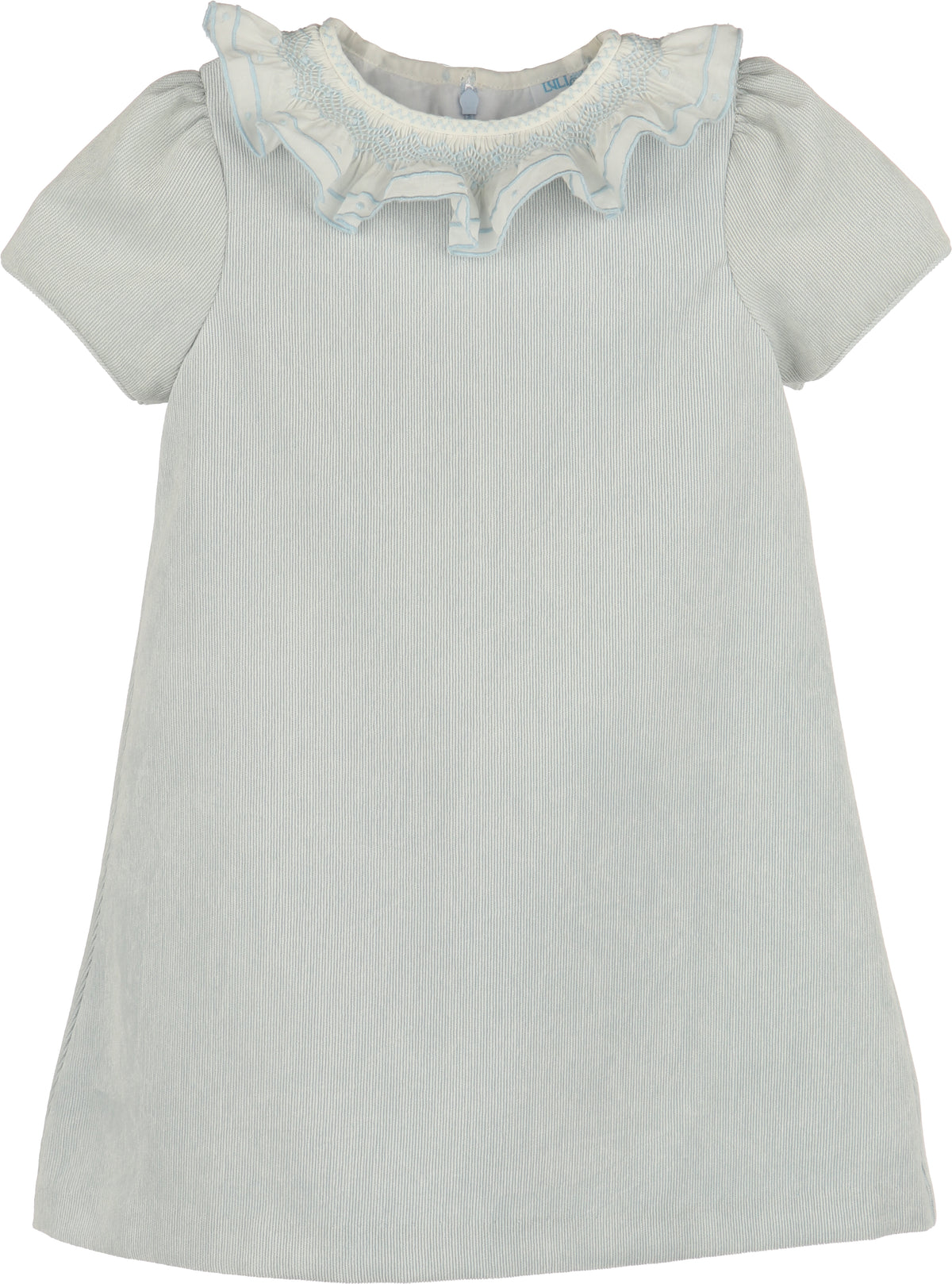 Light blue dress with ruffled collar on a white background