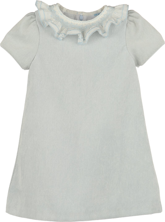 Light blue dress with ruffled collar on a white background