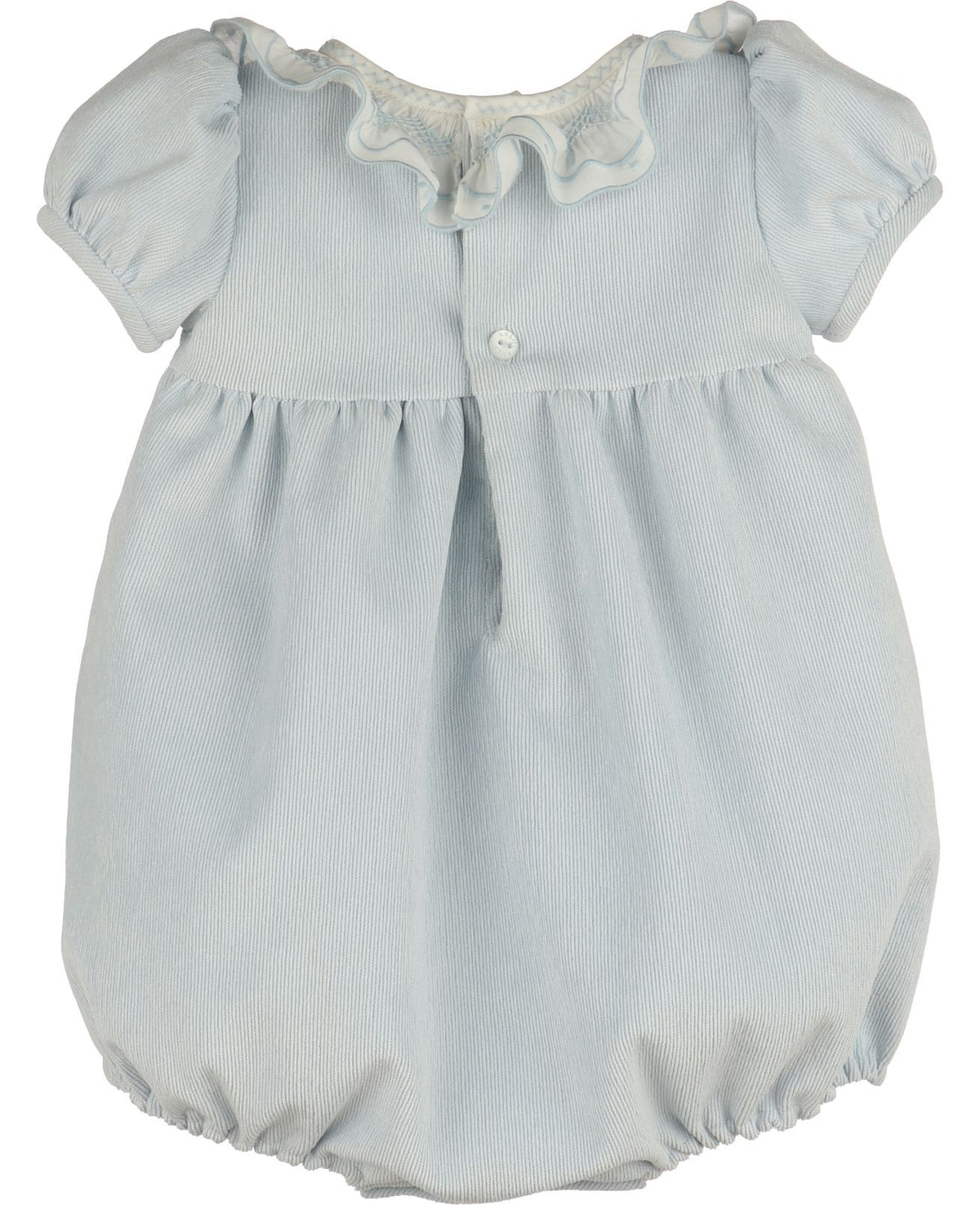 Light blue baby romper with ruffled collar on a white background