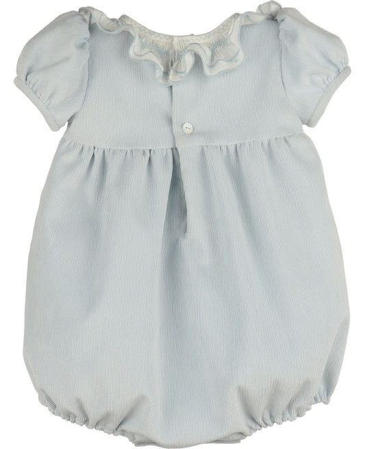 Light blue baby romper with ruffled collar on a white background