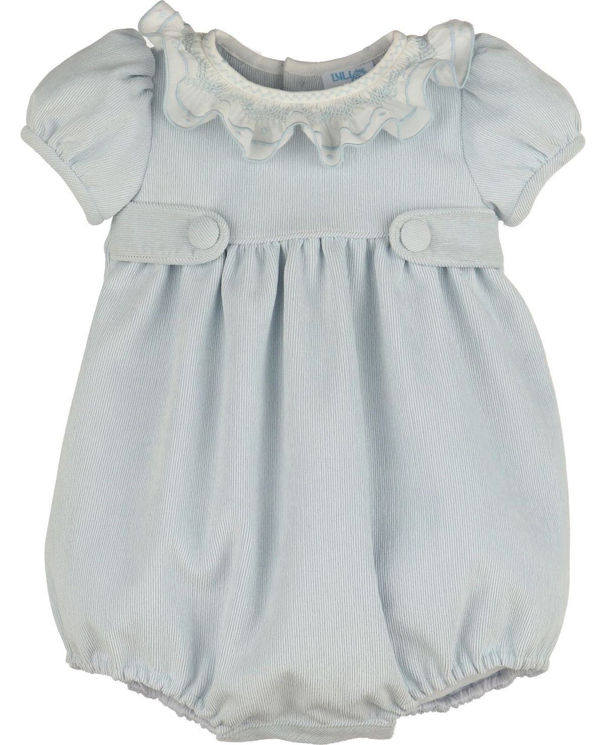 Light blue baby romper with ruffled collar on a white background