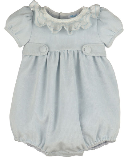 Light blue baby romper with ruffled collar on a white background