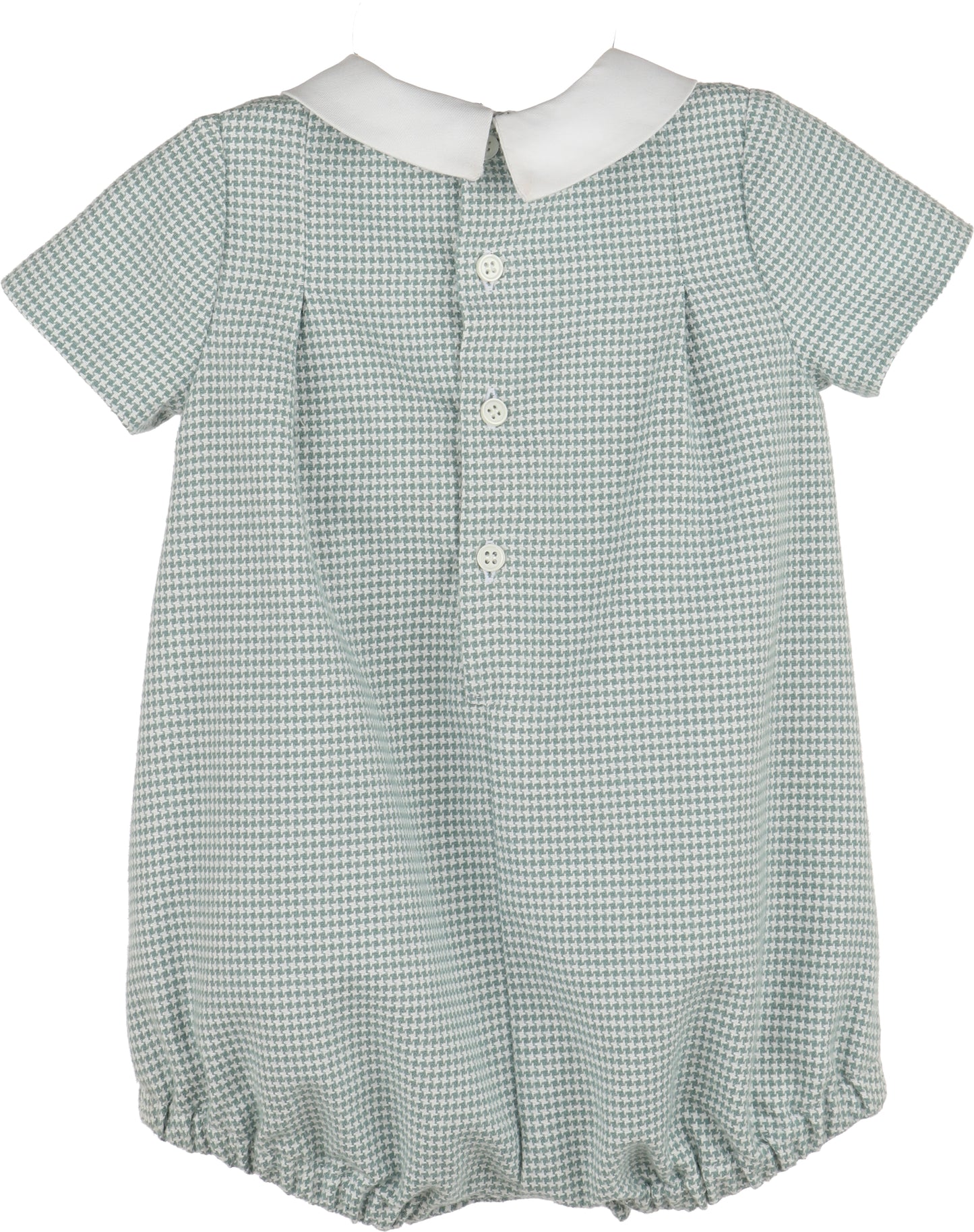 Green checkered baby romper with white collar on a white background