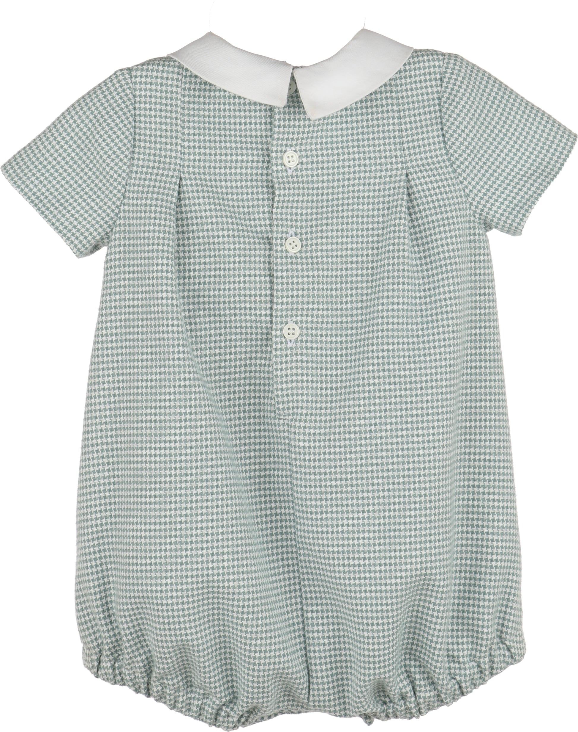 Green checkered baby romper with white collar on a white background