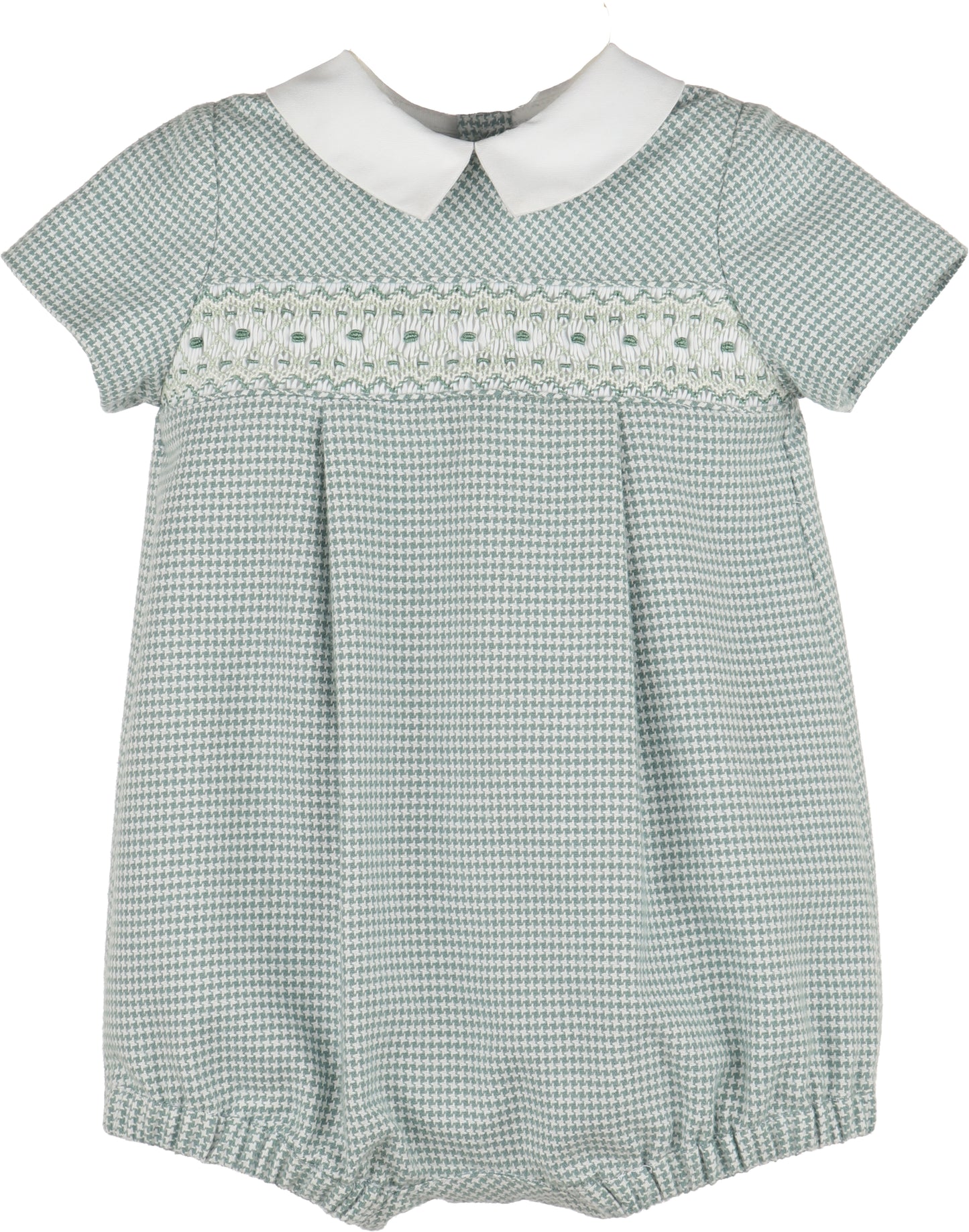 Green checkered baby romper with white collar on a white background