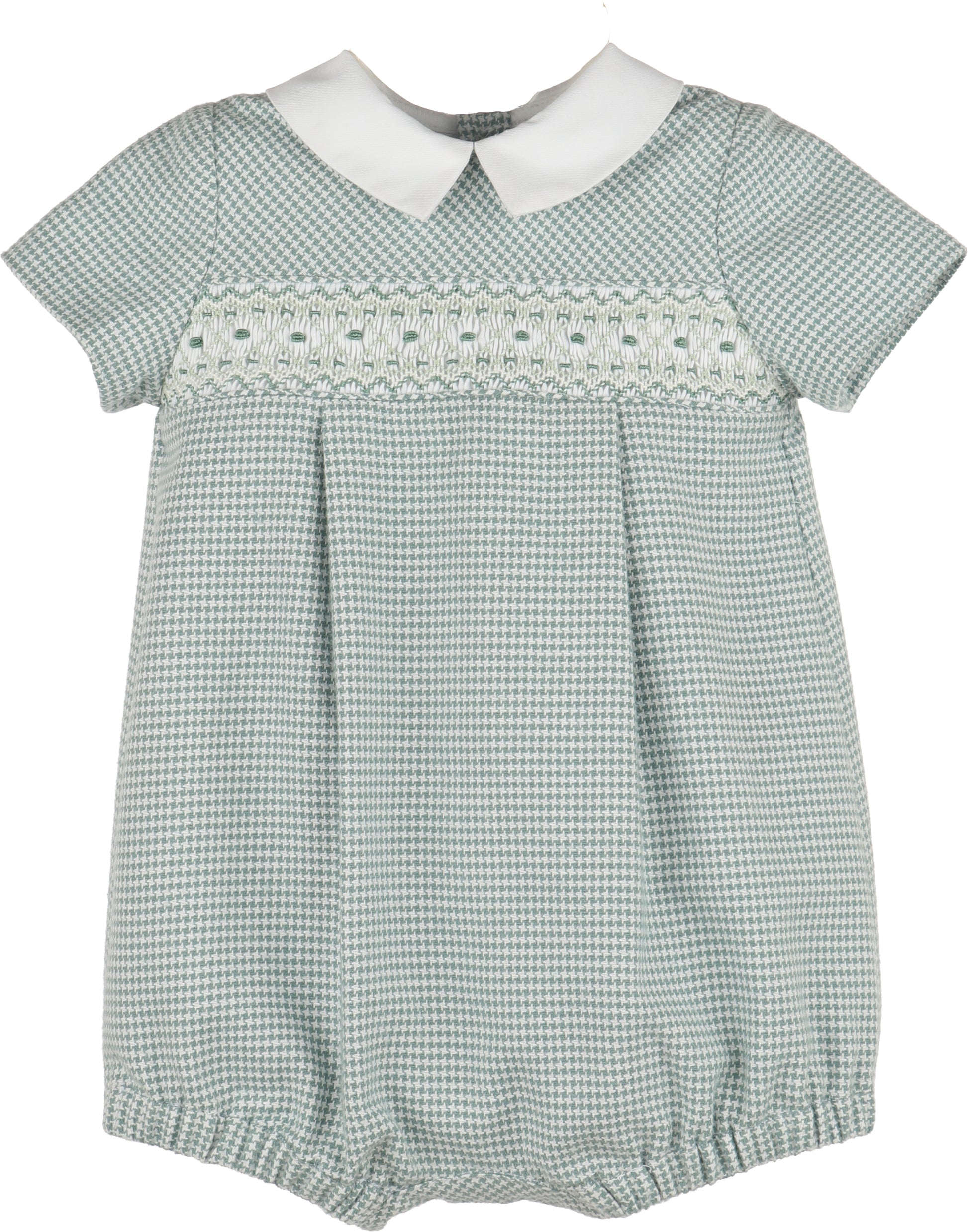Green checkered baby romper with white collar on a white background