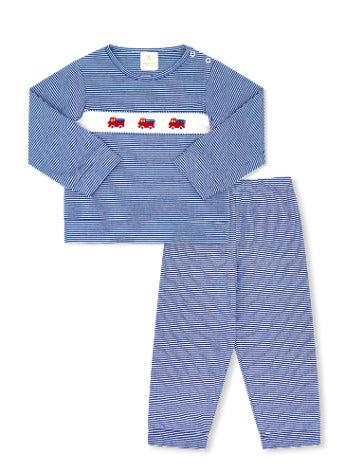 Blue and white striped children's pajama set with train design on the shirt front, on a white background.
