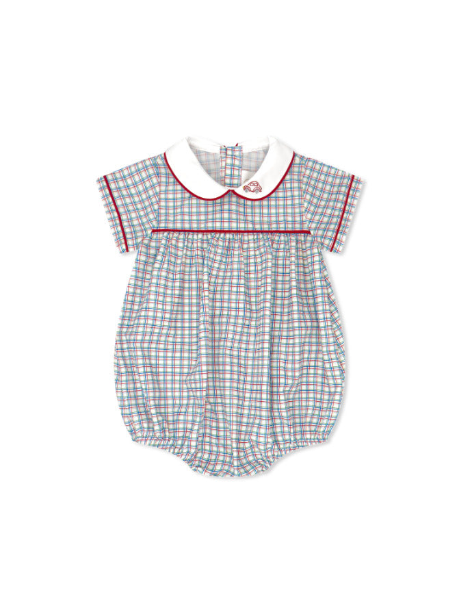 Baby romper with checkered pattern on a white background