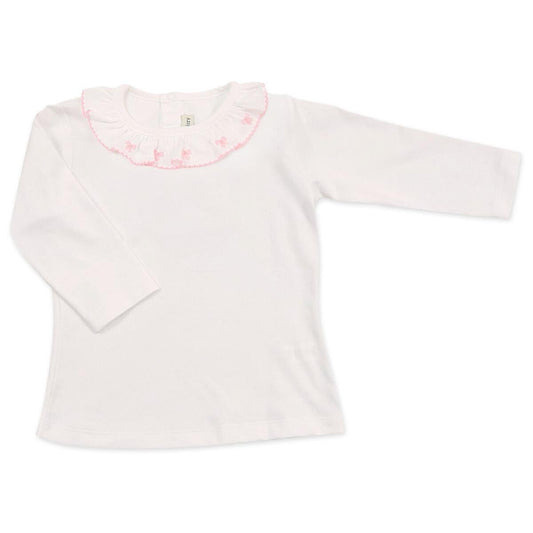 Girl's Long Sleeve Pima Top with Pink Bows Ruffle Collar