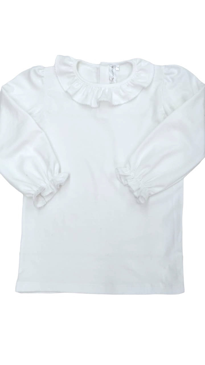Ruffle Collar Long Sleeve White Tee Shirt