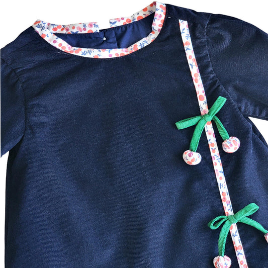 Navy Blue Corduroy Cherries Girl's A-Line Dress