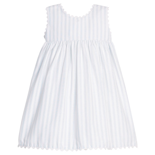 Little English traditional children's clothing.  Light blue and white striped sleeveless dress with white ricrac trim for little girls