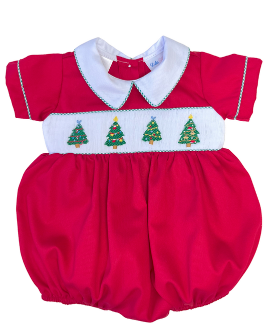 Boy's Red Smocked Christmas Tree Bubble