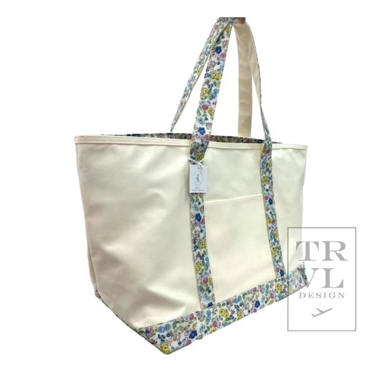 Maxi Tote, Coated Canvas Natural with Posies Trim