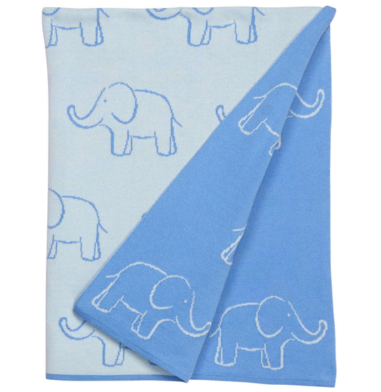 Little English classic reversible blanket with blue elephant motifs, for little boy 