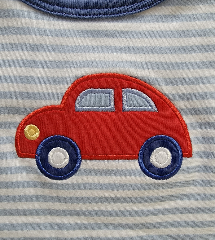 Boy's Short Sleeve Red VW Bug Car Applique Blue Stripe Romper