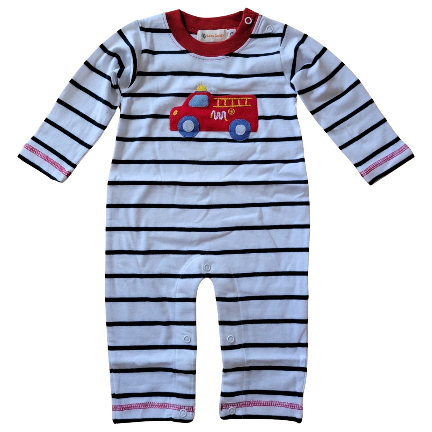 Boy's Long Sleeve Stripe Playsuit with Fire Truck