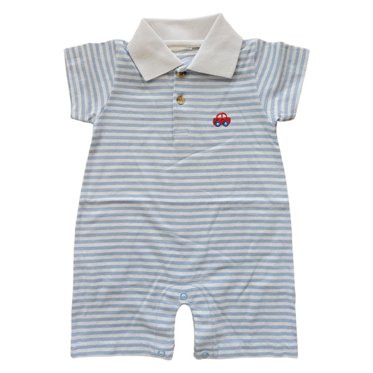 Boy Short Sleeve Red Car Embroidered Blue Stripe Polo Romper