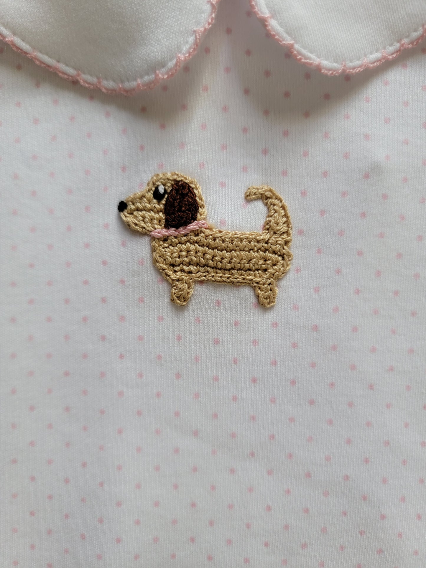 Girl's Short Sleeve Collared Pink Dot Crochet Puppy Romper