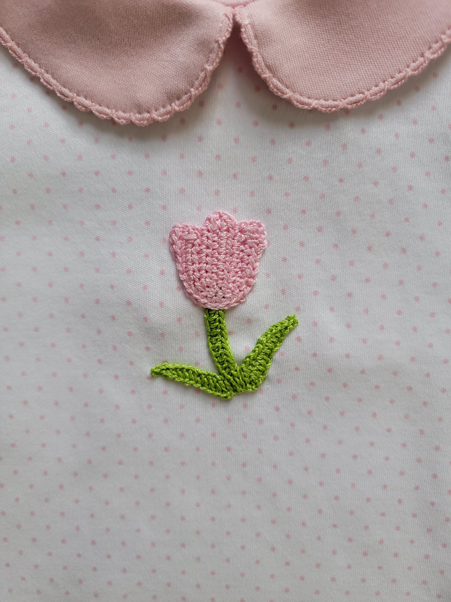 Girl's Short Sleeve Pink Collared Crochet Tulip Pink Dot Romper
