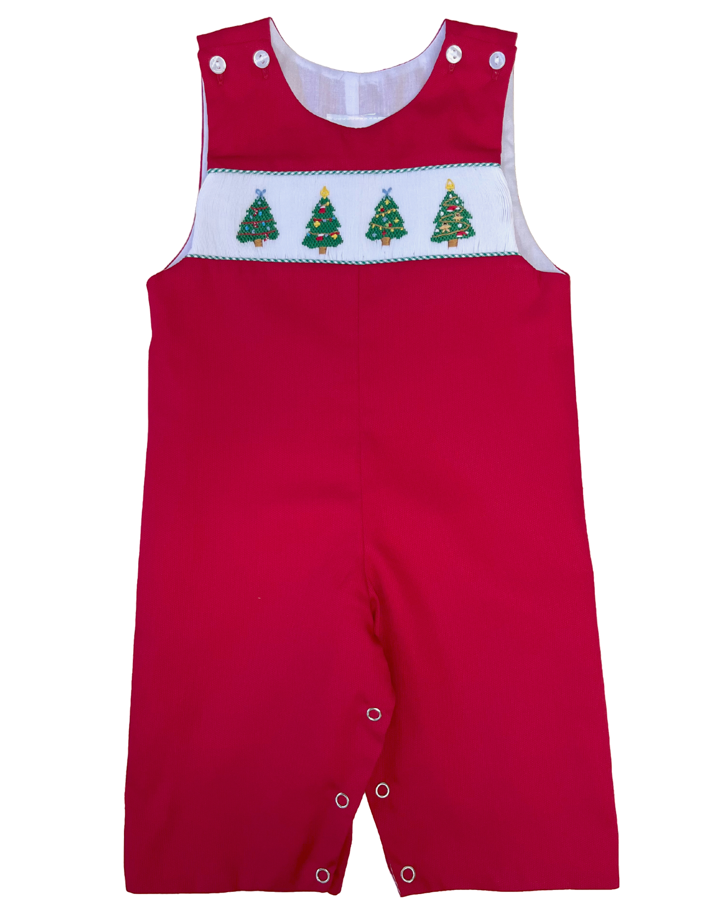 Boy's Red Smocked Christmas Trees Longall