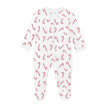 Baby onesie with candy cane pattern on a white background