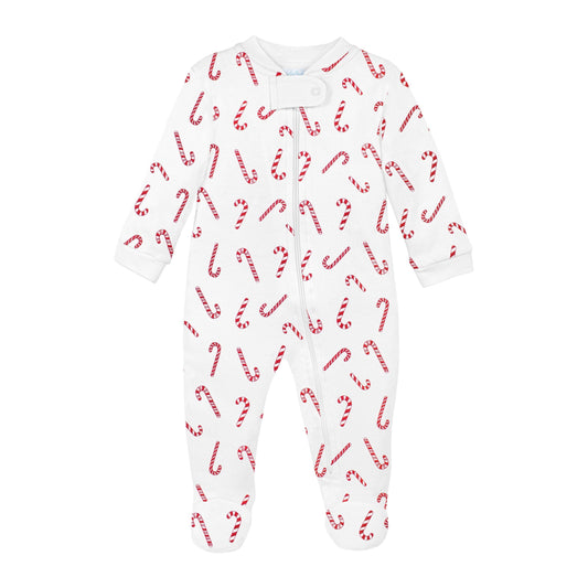 Baby onesie with candy cane pattern on a white background