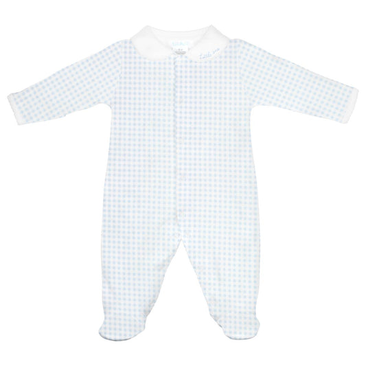 Boy's Little One Embroidered Collar Blue Gingham Footie