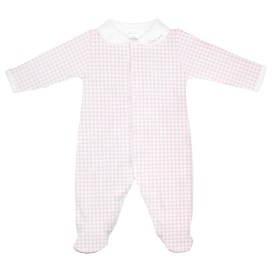 Girl's Little One Embroidered Collar Pink Gingham Footie