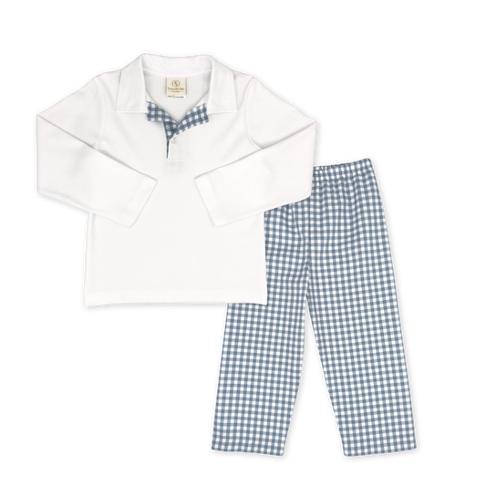 Parker Long Sleeve Top & Pant Set, Stone Blue Check