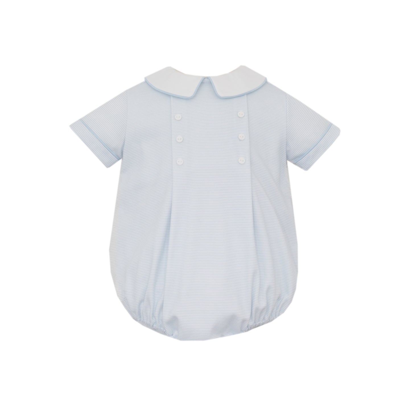 Light blue baby romper with collar on a white background