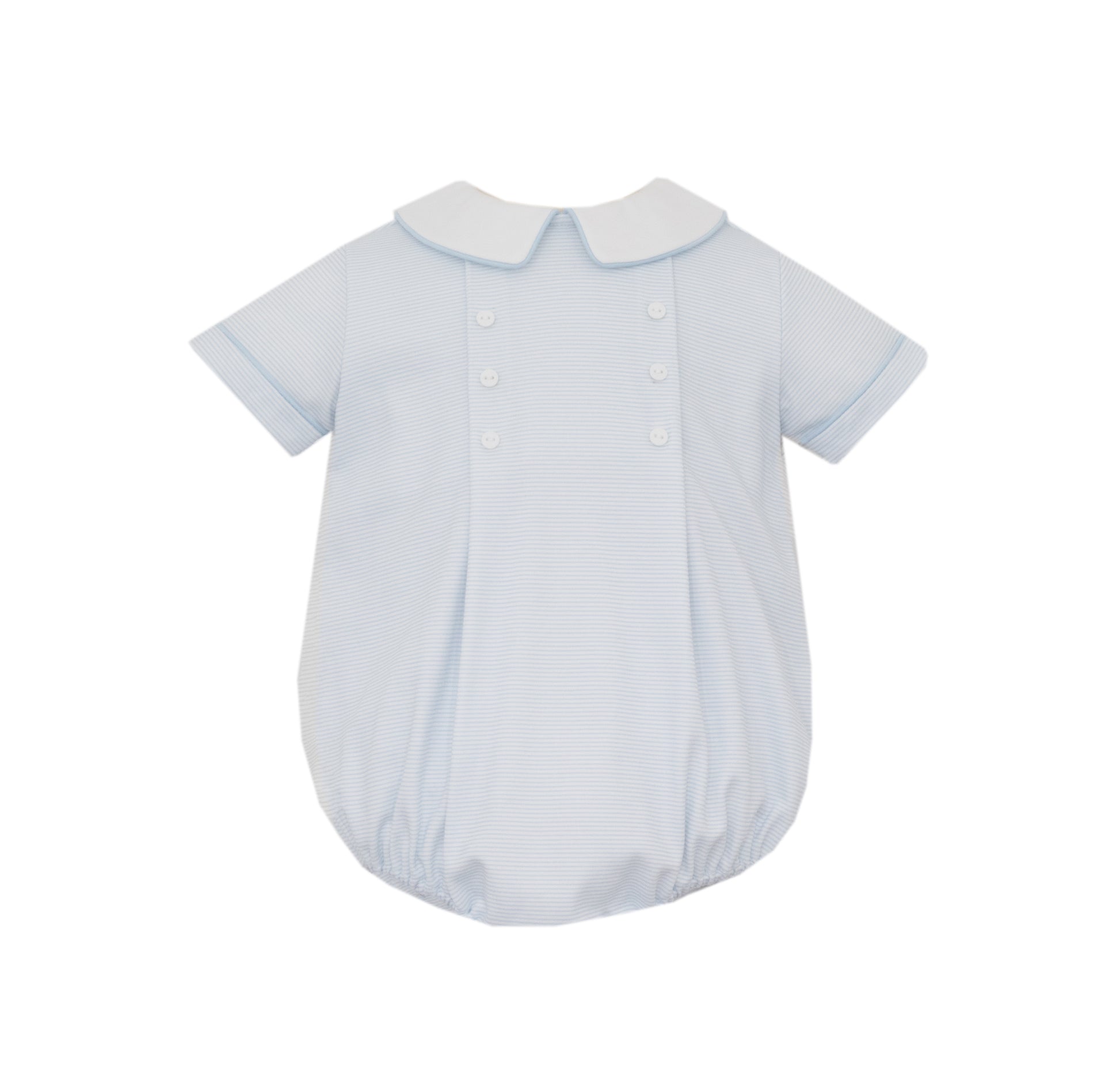 Light blue baby romper with collar on a white background