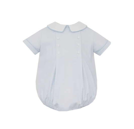 Light blue baby romper with collar on a white background