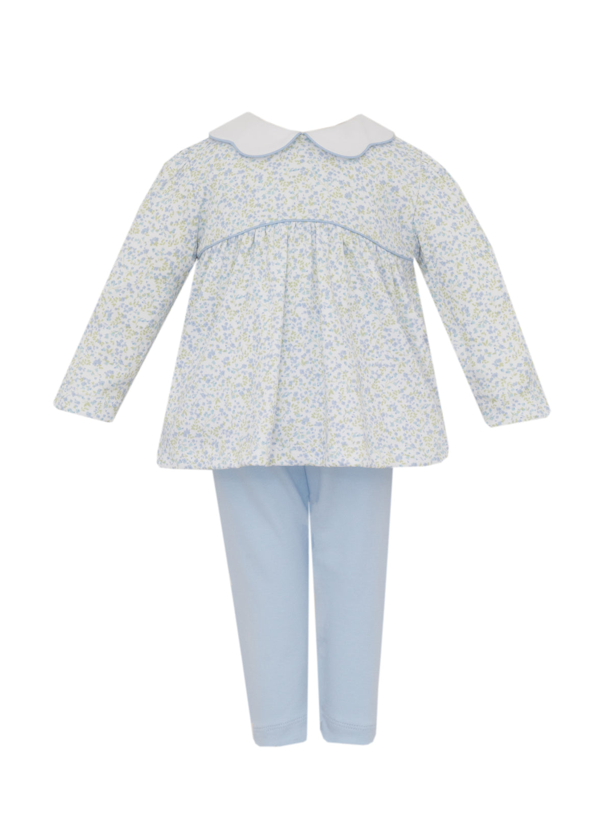 Baby outfit with floral top and light blue pants on a white background