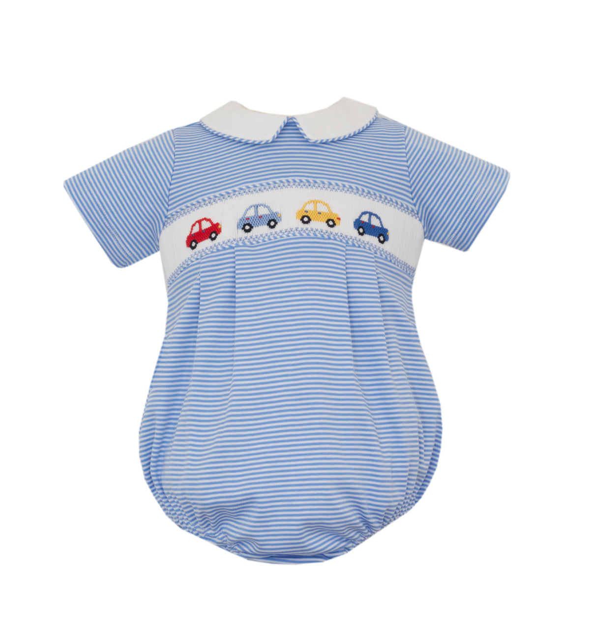 Blue striped baby romper with embroidered cars on a white background
