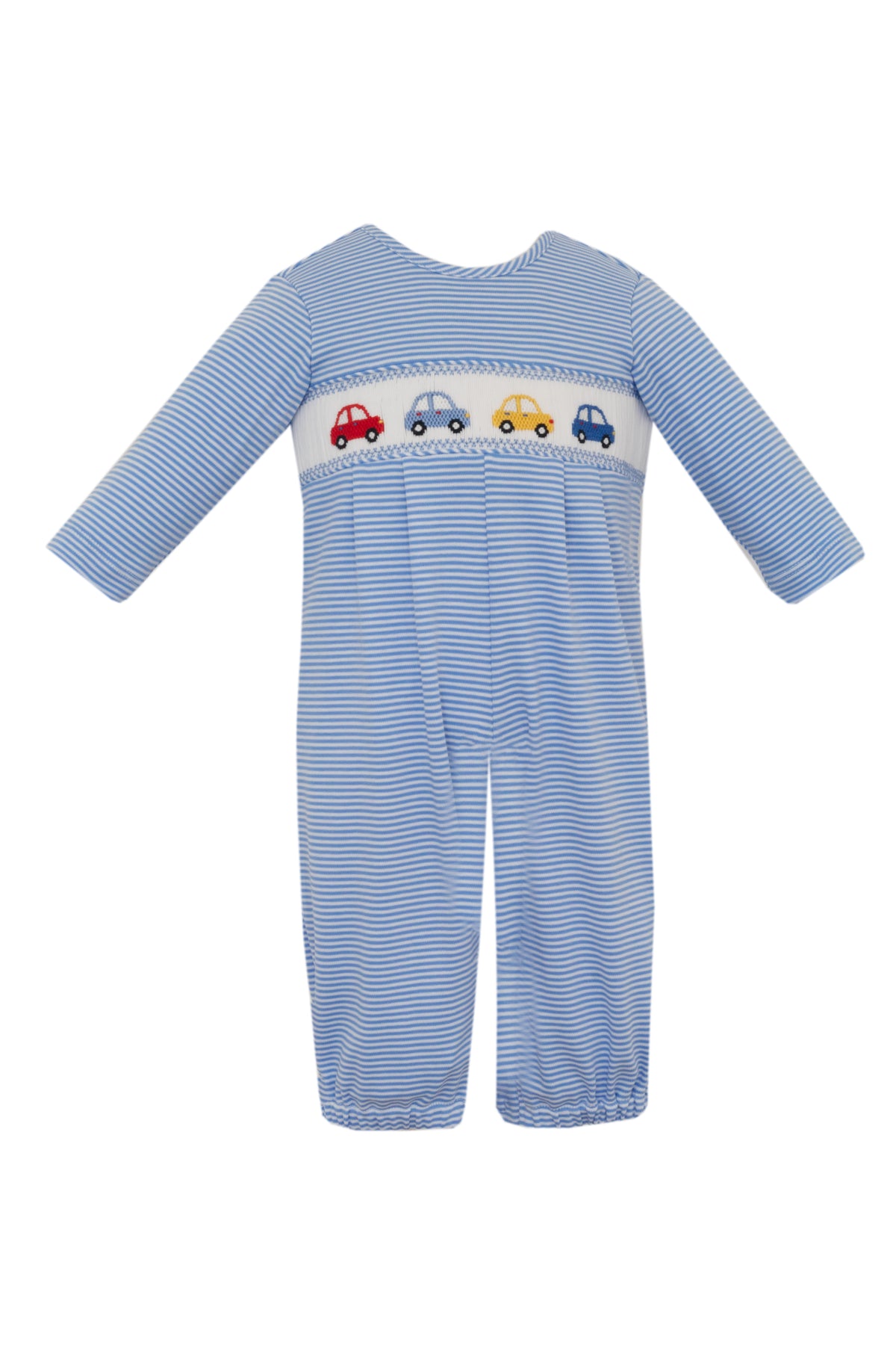 Blue striped baby romper with embroidered cars on a white background