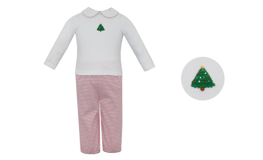 Children's outfit with white long-sleeve top and red striped pants, featuring a Christmas tree design on a white background.