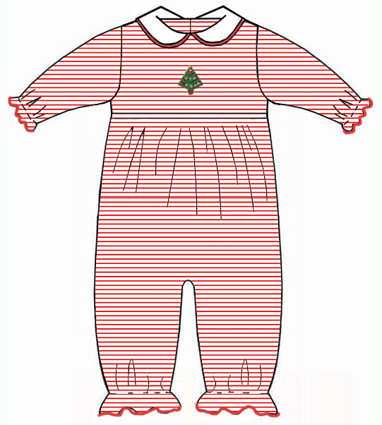 Red and white striped baby outfit with a green tree design on a white background