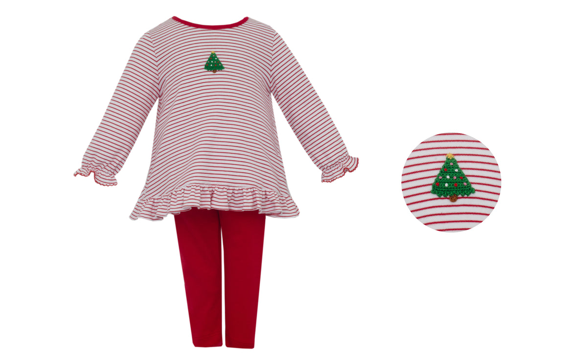 Children's outfit with red and white striped dress and leggings, featuring a Christmas tree design on a white background.